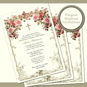 Vintage Floral Baptism Christening Gold Cross Invitation