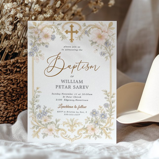Vintage Floral Baptism Invitation Ornate Cross (Religious Baptism Invitation Card with Cross and Vintage Florals)