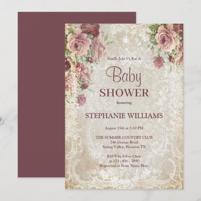 Vintage Floral, Beads & Damask Baby Shower Invitation (Front/Back)