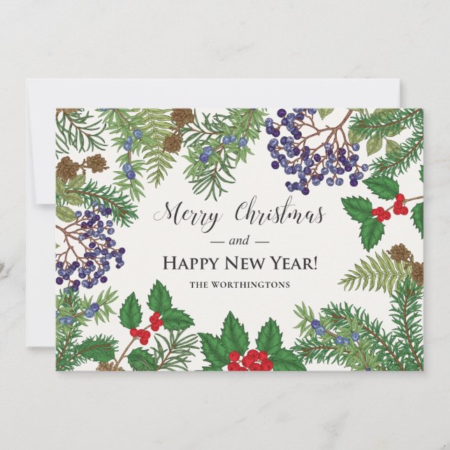 Vintage Floral Berry Garland Holiday Card (Front)