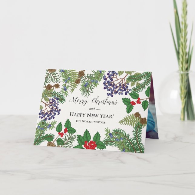 Vintage Floral Berry Garland Holiday Card (Front)