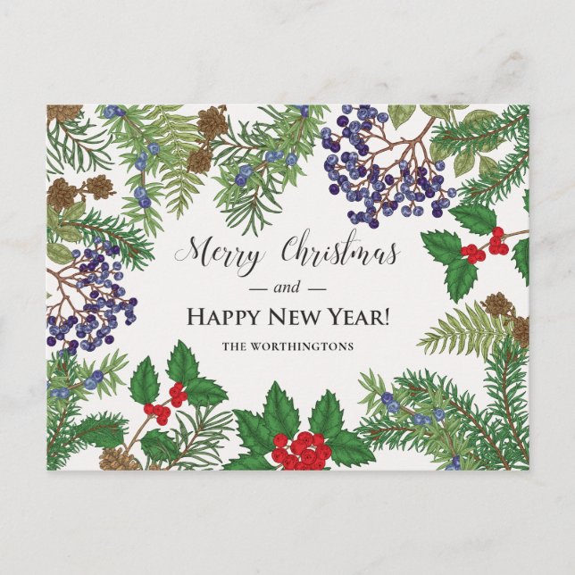 Vintage Floral Berry Garland Holiday Postcard (Front)