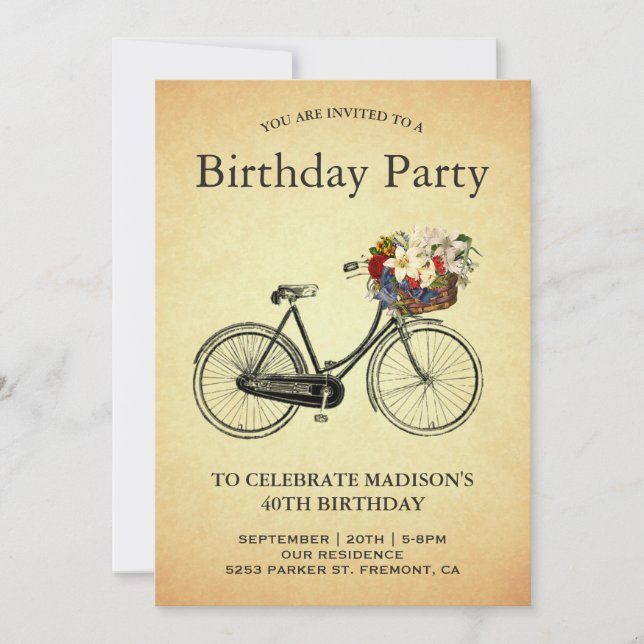 Vintage Floral Bicycle Birthday Party Invitation (Front)