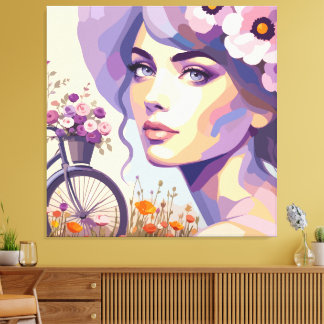 Vintage Floral Bicycle Woman Canvas Print
