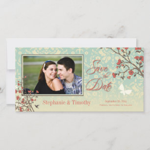 Vintage floral bird + damask save the date photo