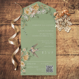 Vintage Floral & Bird Green All in One Invitation