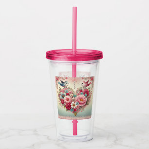 Vintage floral/bird/heart Valentine's Day Acrylic Tumbler