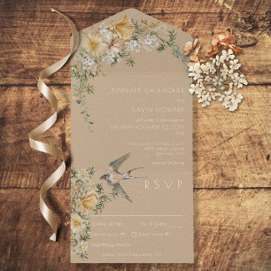 Vintage Floral & Bird Tan Dinner All In One Invitation