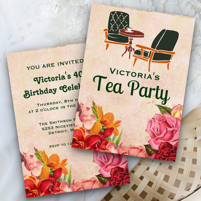 Vintage Floral Birthday Afternoon Tea Party Invite (Creator Uploaded)