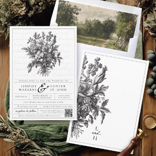 Vintage Floral Black and White Christian Wedding Invitation