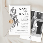 Vintage Floral Black and White Photo Boho Wedding Save The Date<br><div class="desc">Personalise this romantic elegant black and white vintage botanical garden photo wedding invitation save the date card, featuring a classic boho floral bouquet in black with old money style calligraphy typography elements along with your wedding website on the front and custom engagement photo and simple monogram on the back side....</div>
