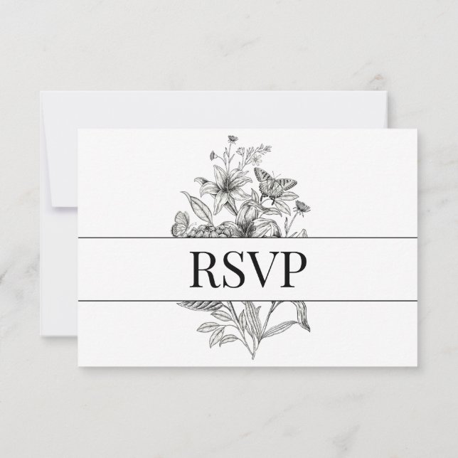 Vintage Floral Black and White  RSVP Card (Back)