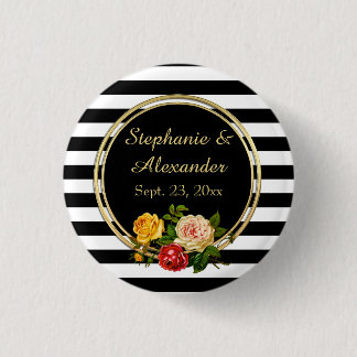 Vintage Floral Black and White Stripe Personalised 3 Cm Round Badge