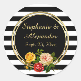 Vintage Floral Black and White Stripe Personalised Classic Round Sticker