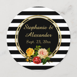 Vintage Floral Black and White Stripe Personalised Invitation