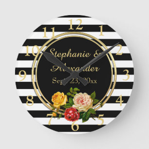 Vintage Floral Black and White Stripe Personalised Round Clock