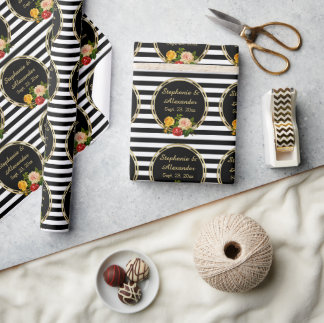 Vintage Floral Black and White Stripe Personalised Wrapping Paper