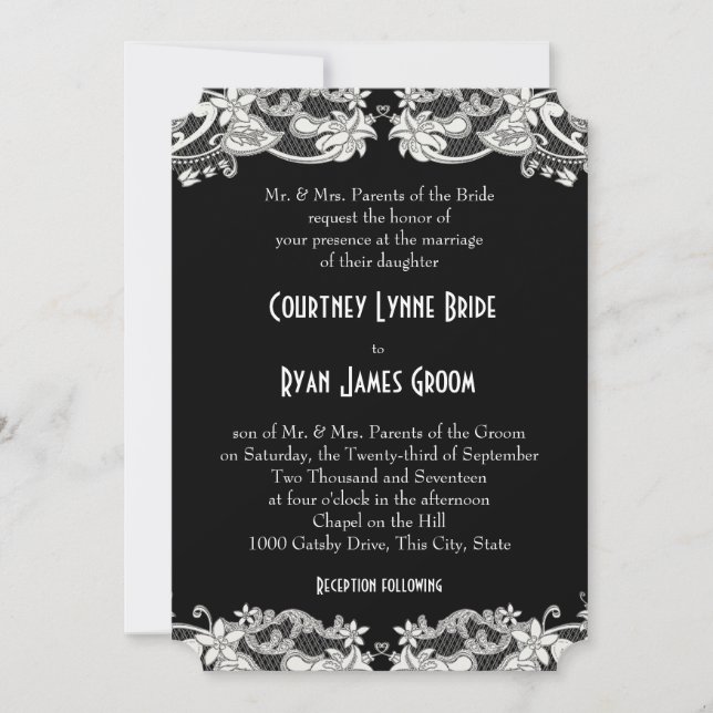 Vintage Floral Black and White Wedding Invitation (Front)