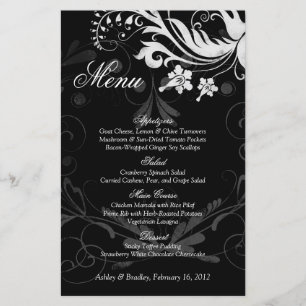 Vintage Floral Black and White Wedding Menu Card