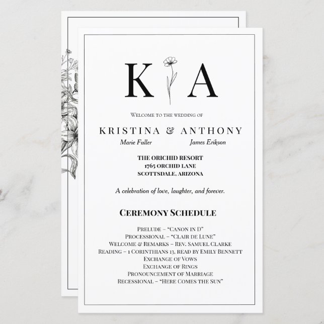 Vintage Floral Black and White Wedding Program (Front/Back)