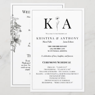 Vintage Floral Black and White Wedding Program