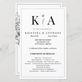 Vintage Floral Black and White Wedding Program