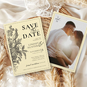 Vintage Floral Black & Butter Yellow Photo Wedding Save The Date