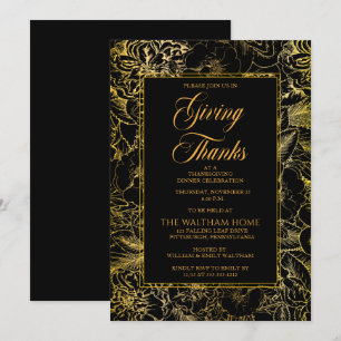 Vintage Floral Black   Gold Thanksgiving Dinner Invitation