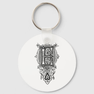 Vintage Floral Black Monogram E Key Ring