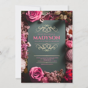 Vintage Floral Black Tie Flourish Pink Bat Mitzvah Invitation
