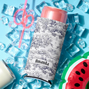 Vintage floral black toile de jouy monogram seltzer can cooler