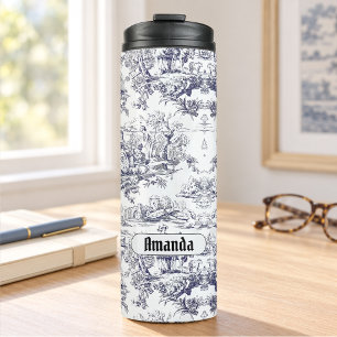 Vintage floral black toile de jouy monogram thermal tumbler