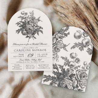 Vintage Floral Black & White Elegant Bridal Shower Invitation