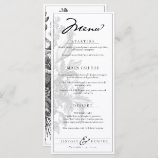 Vintage Floral Black & White Romantic Wedding Menu