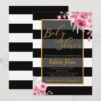 Vintage Floral Black White Stripe Invitation