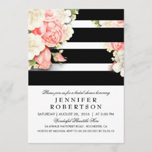 Vintage Floral Black White Stripes Bridal Shower Invitation