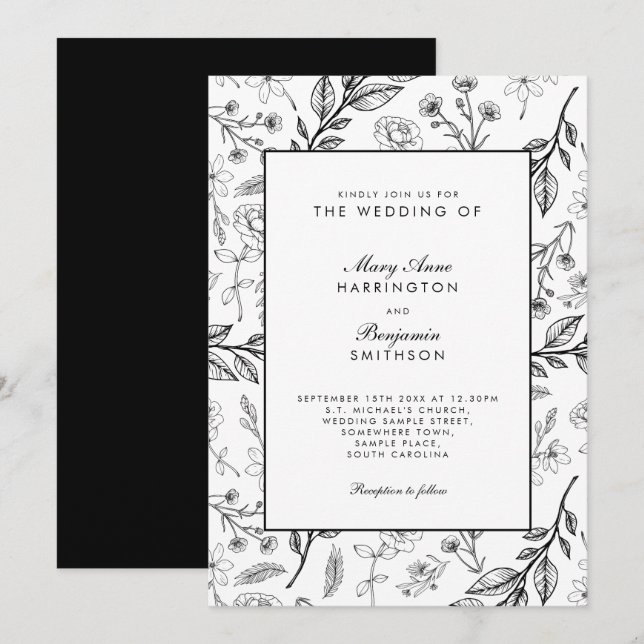 Vintage Floral Black White Wedding Invitation (Front/Back)