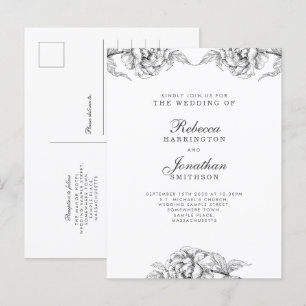 Vintage Floral Black White Wedding Invitation Postcard