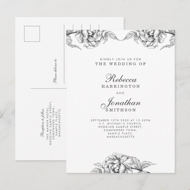 Vintage Floral Black White Wedding Invitation Postcard (Front/Back)