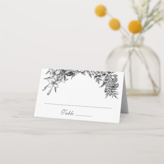 Vintage Floral Black White Wedding  Place Card (Front)