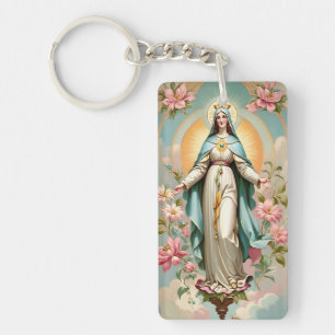 Vintage Floral Blessed Mother Mary Catholic Keycha Key Ring