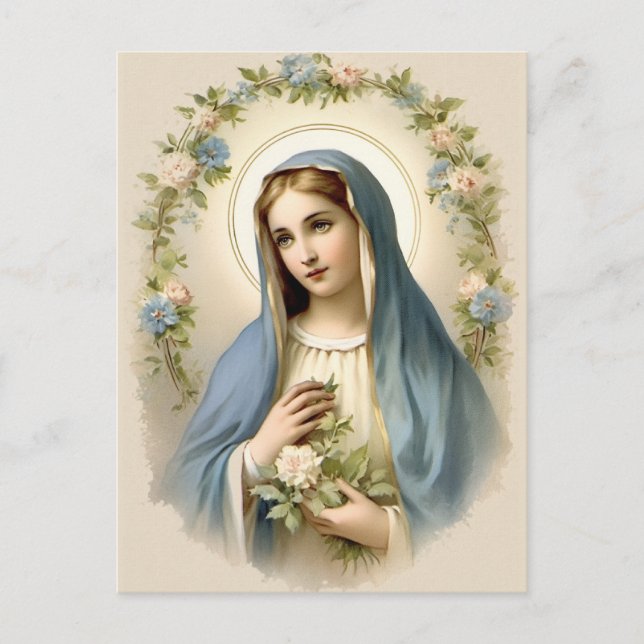 Vintage Floral Blessed Mother Mary Catholic Postcard (Front)