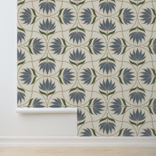 Vintage Floral Block Print Scallop Blue & Green Wallpaper
