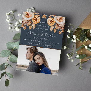 Vintage Floral Blue Autumn Dried Flowers Wedding Save The Date