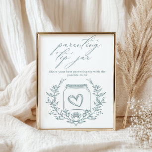 Vintage Floral Blue Baby Shower Parenting Tip Jar Poster