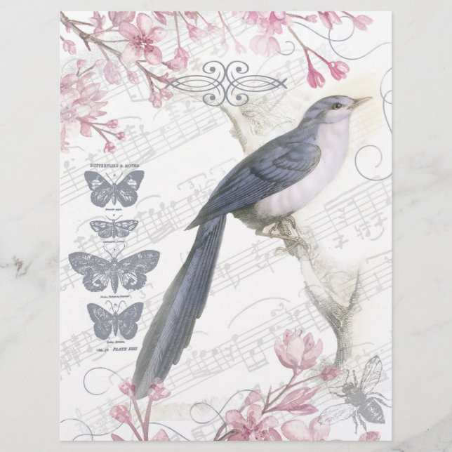 Vintage Floral Blue Bird Scrapbook Paper (Front)