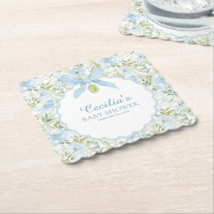 Vintage Floral Blue Bow Boy Baby Shower  Paper Coaster
