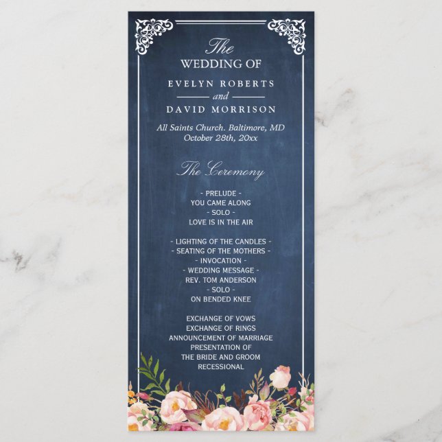 Vintage Floral Blue Chalkboard Wedding Program Programme (Front)