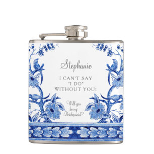 Vintage Floral Blue Chinoiserie Asian Bridesmaid Hip Flask