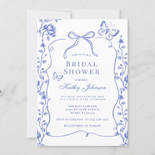 Vintage Floral Blue Chinoiserie Bow Bridal Shower Invitation